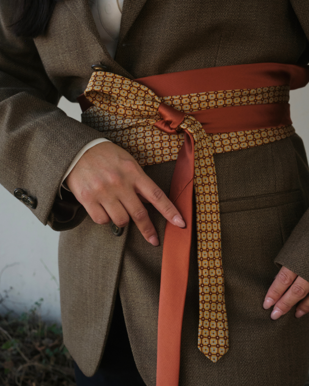 Vintage Burnt Orange & Perry Ellis Gold Silk Tie Belt
