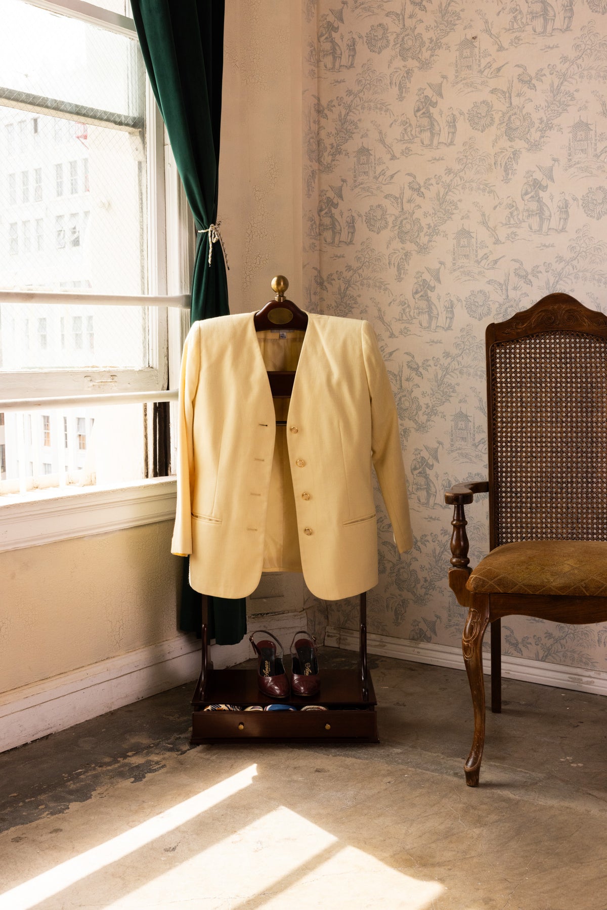 Pale Yellow Two-Piece Blazer & Pleated Skirt Set