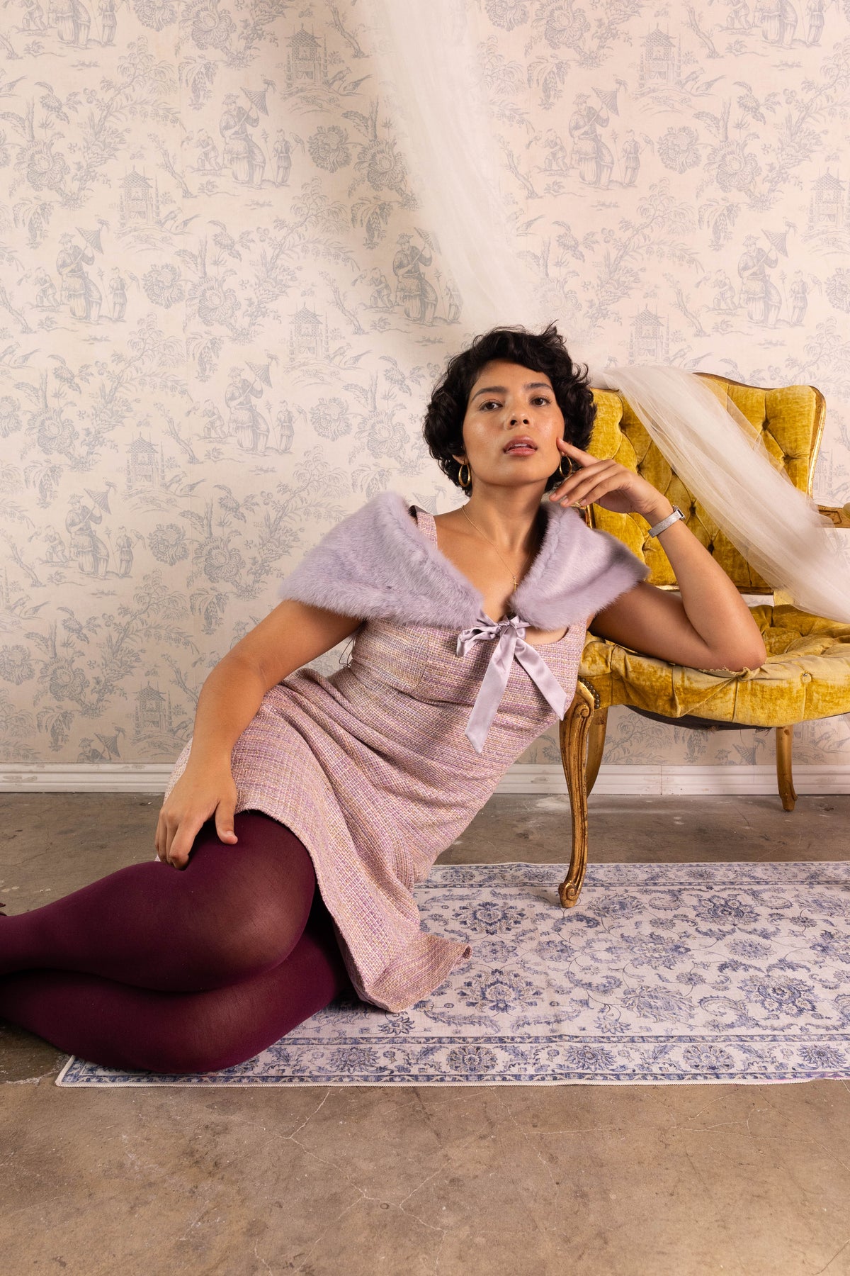 Maggy London Violet Silk Faux Fur & Dress Two-Piece Set